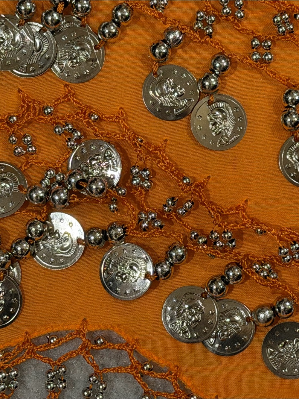Silver Coin Fringe Belly Dance Belt - Orange Hip scarf